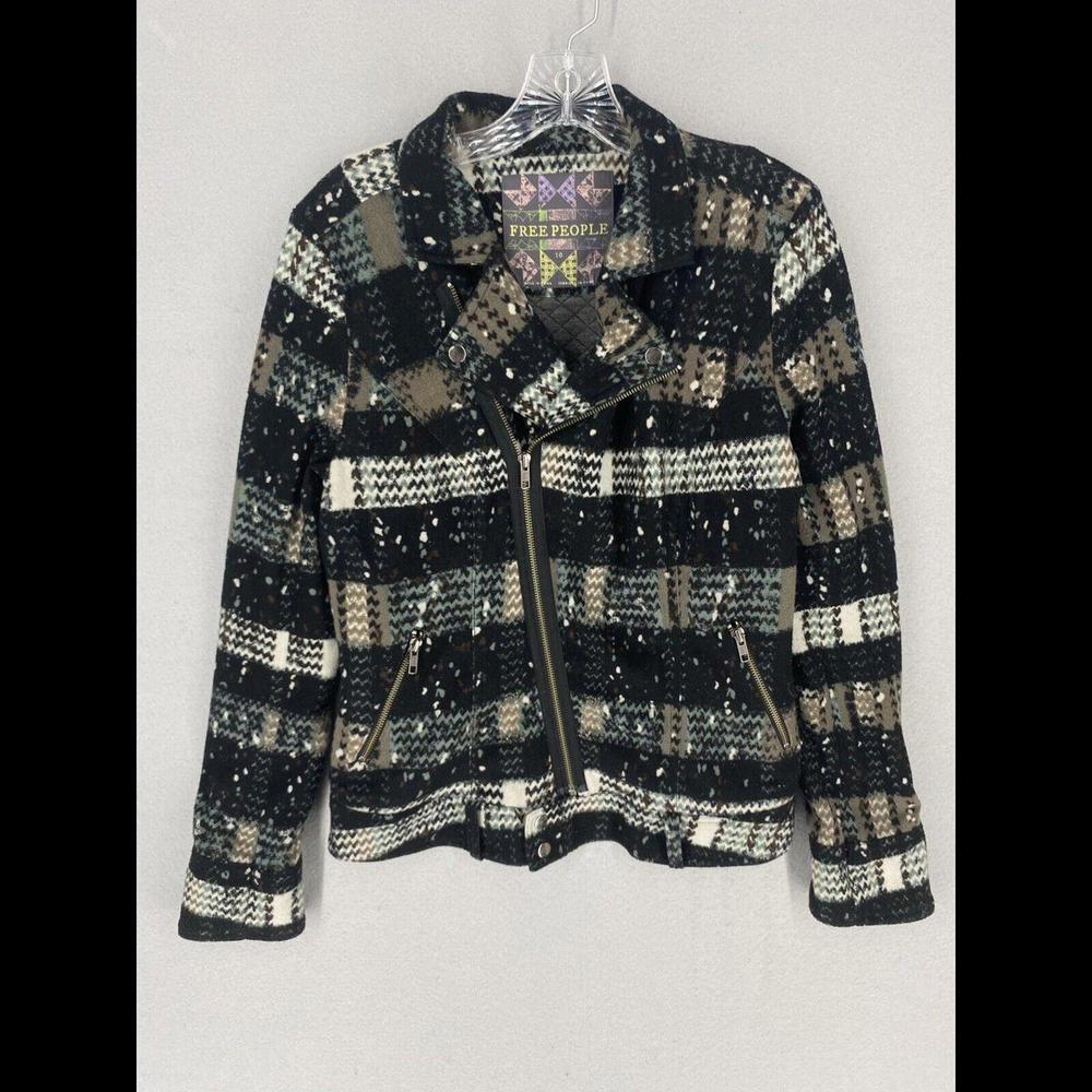 Free People Womens Jacket Size 10 Black Plaid Knit Moto Assymetric Lined